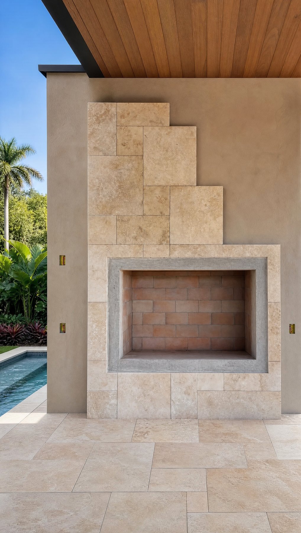 French Pattern Travertino Mix aplicado. Piso e revestimento, áreas externas e entorno de piscinas