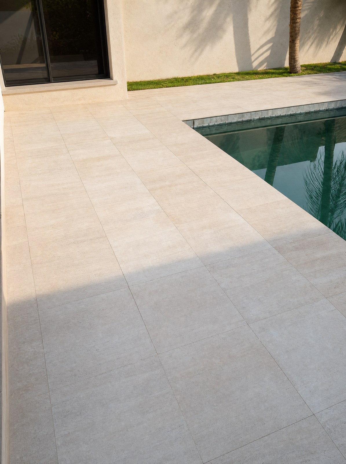 Travertino Romano DZ aplicado. Piso e revestimento, áreas internas e externas