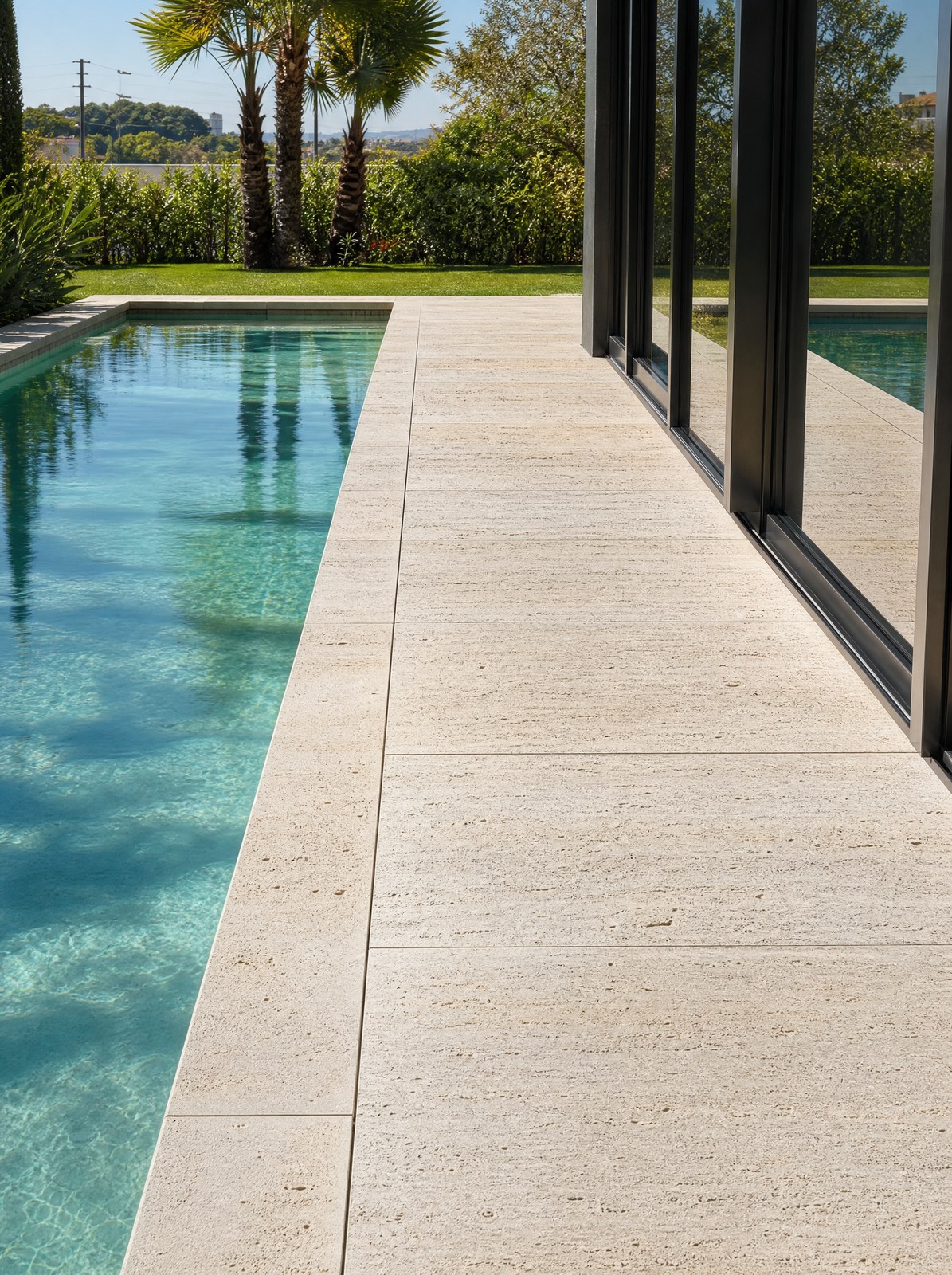 Travertino Romano Light aplicado. Piso e revestimento, áreas internas e externas