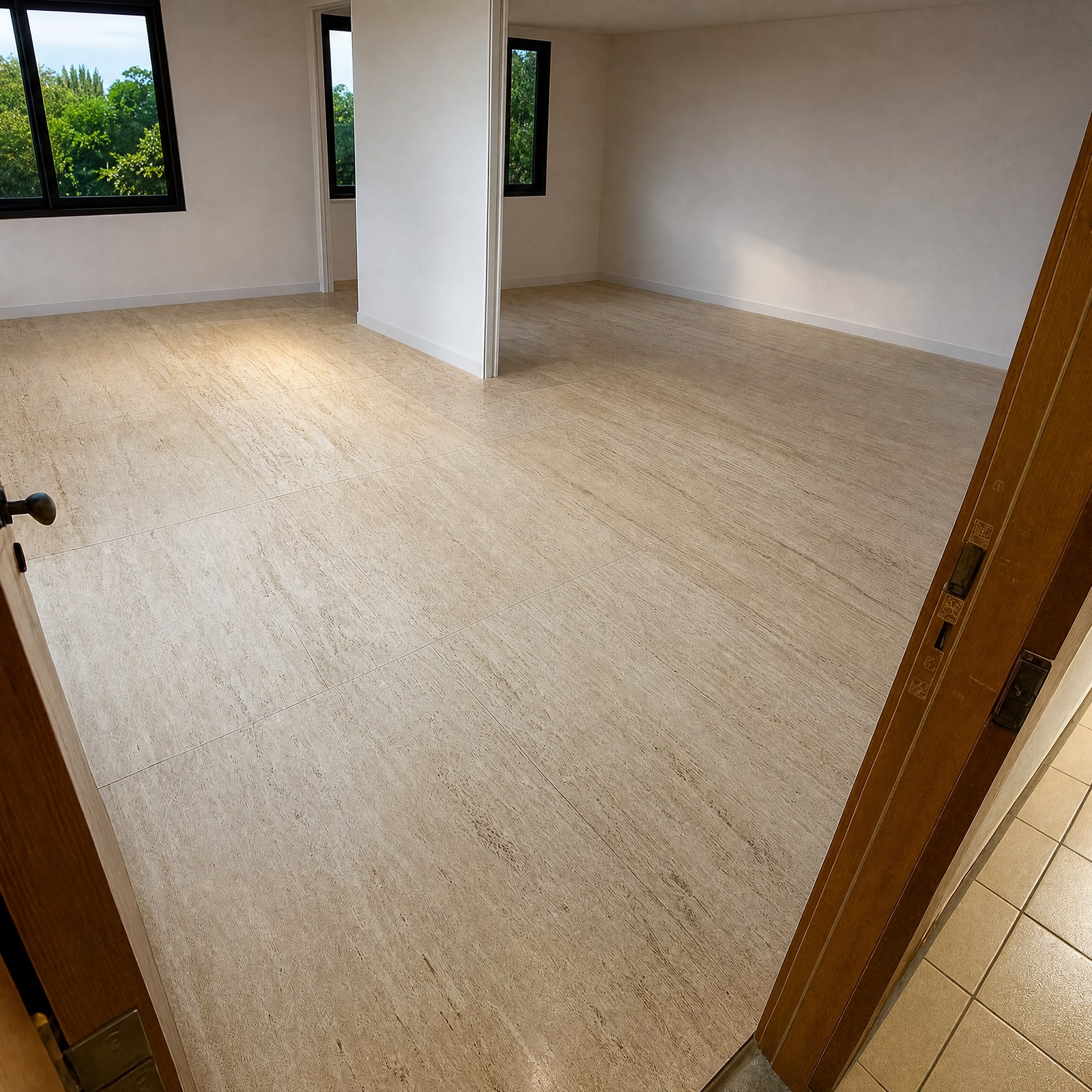 Travertino Romano Light aplicado. Piso e revestimento, áreas internas e externas