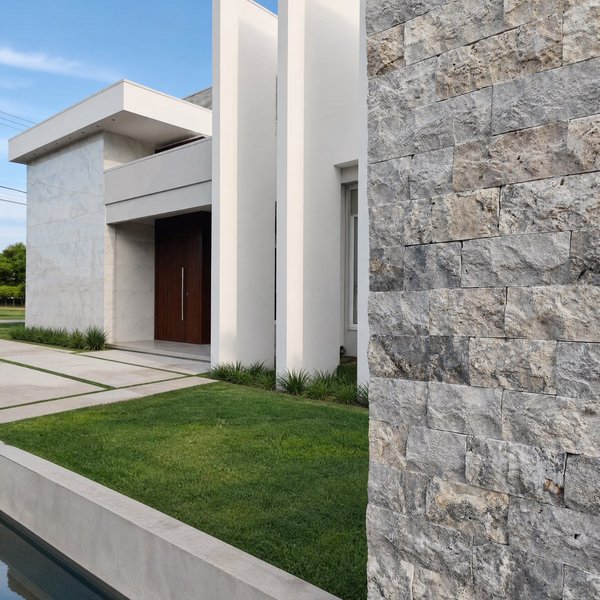 Fachada branca moderna com uma parede em rock face de travertino silver, gramado e espelho d'água