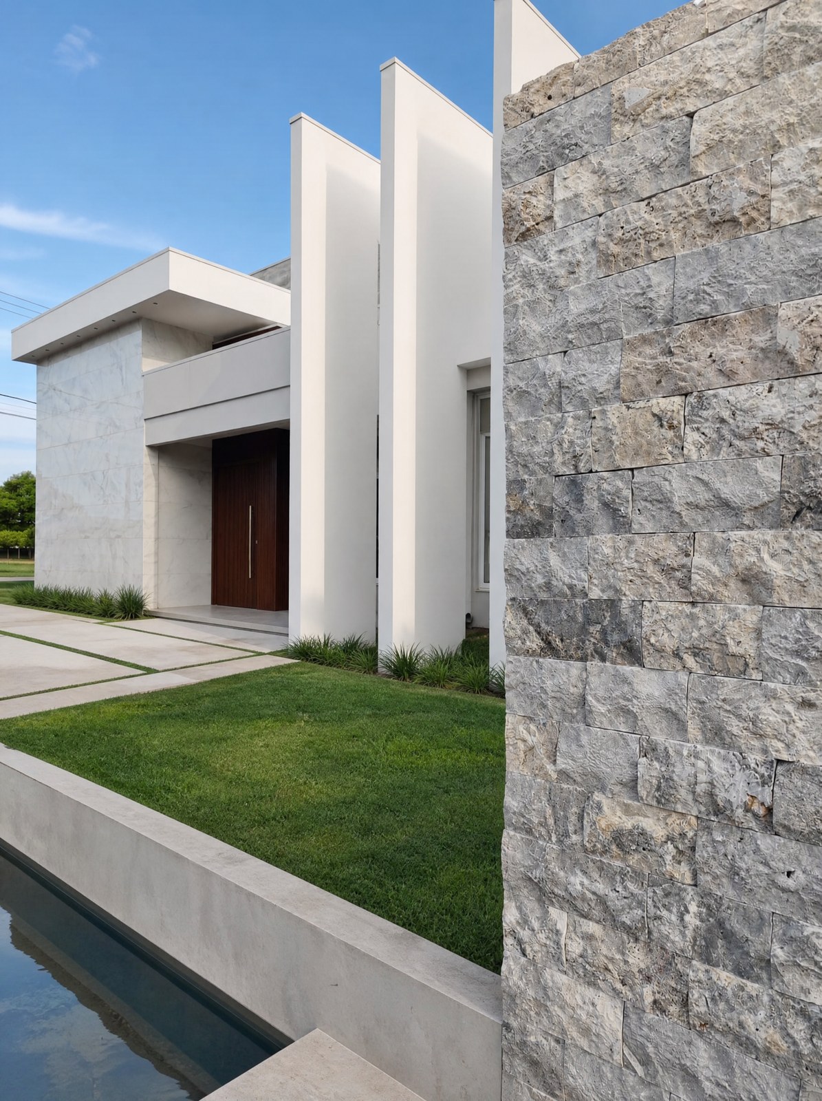 Rock Face Travertino Silver aplicado. Fachadas modernas e paredes de destaque