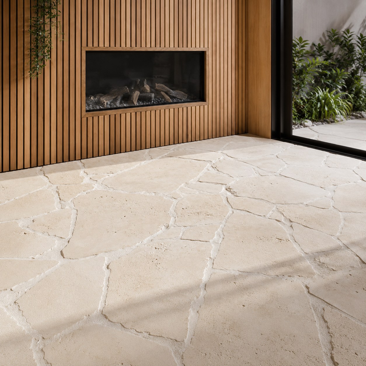 Travertino Orgânico Anticato aplicado. Caminhos, jardins e paredes artesanais