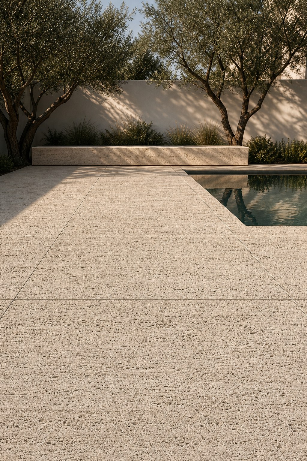 Travertino Romano Vulcano aplicado — Pisos e revestimentos, áreas internas e externas