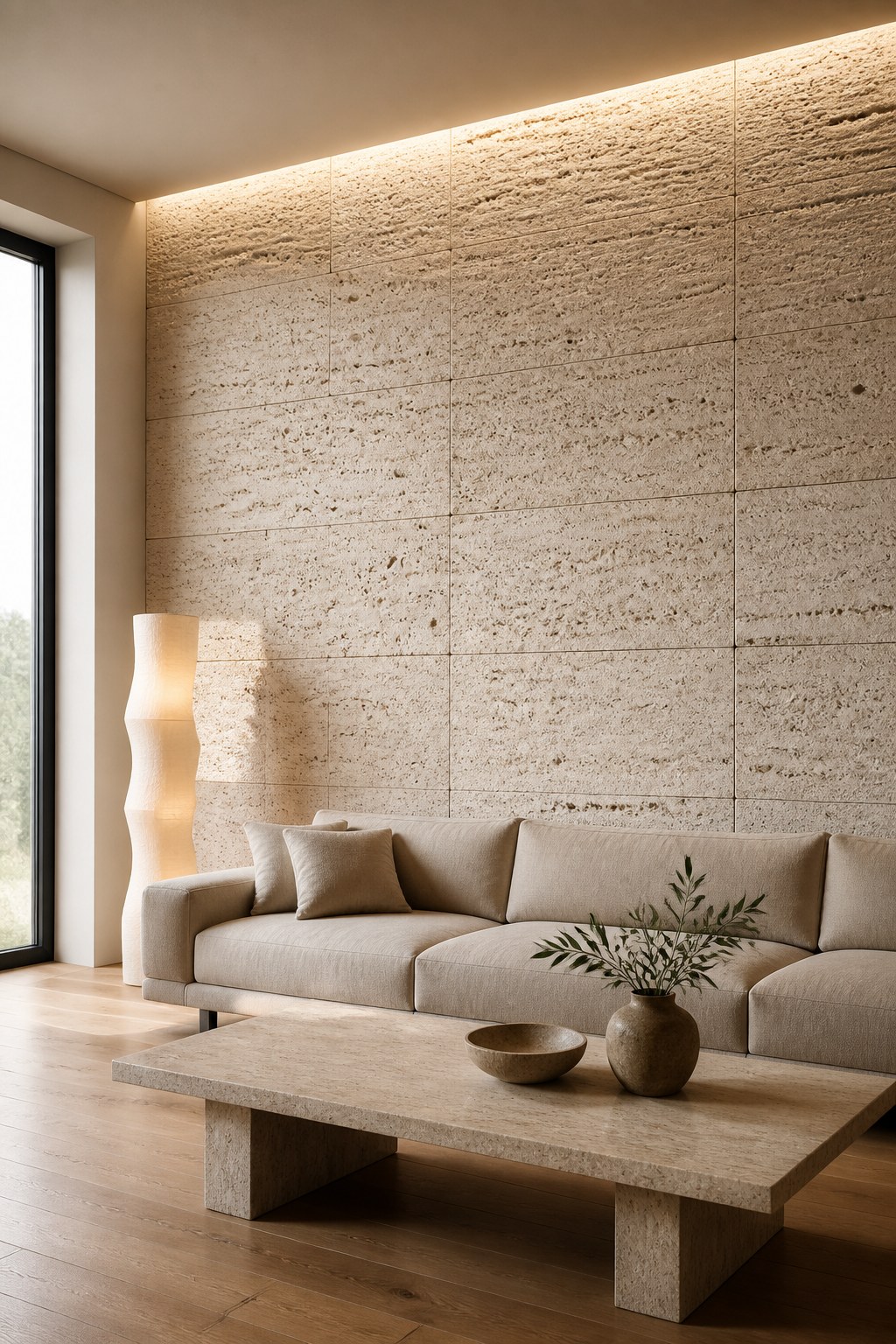 Travertino Romano Vulcano aplicado — Pisos e revestimentos, áreas internas e externas