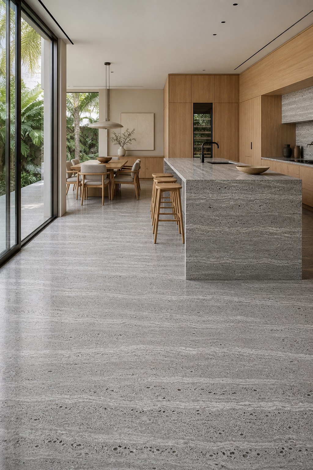 Ladrilho Travertino Silver Cross Cut aplicado — Piso e revestimento, projetos contemporâneos