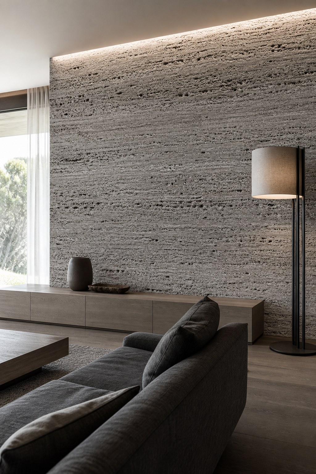 Travertino Silver Vulcano aplicado — Pisos e paredes de destaque, projetos contemporâneos