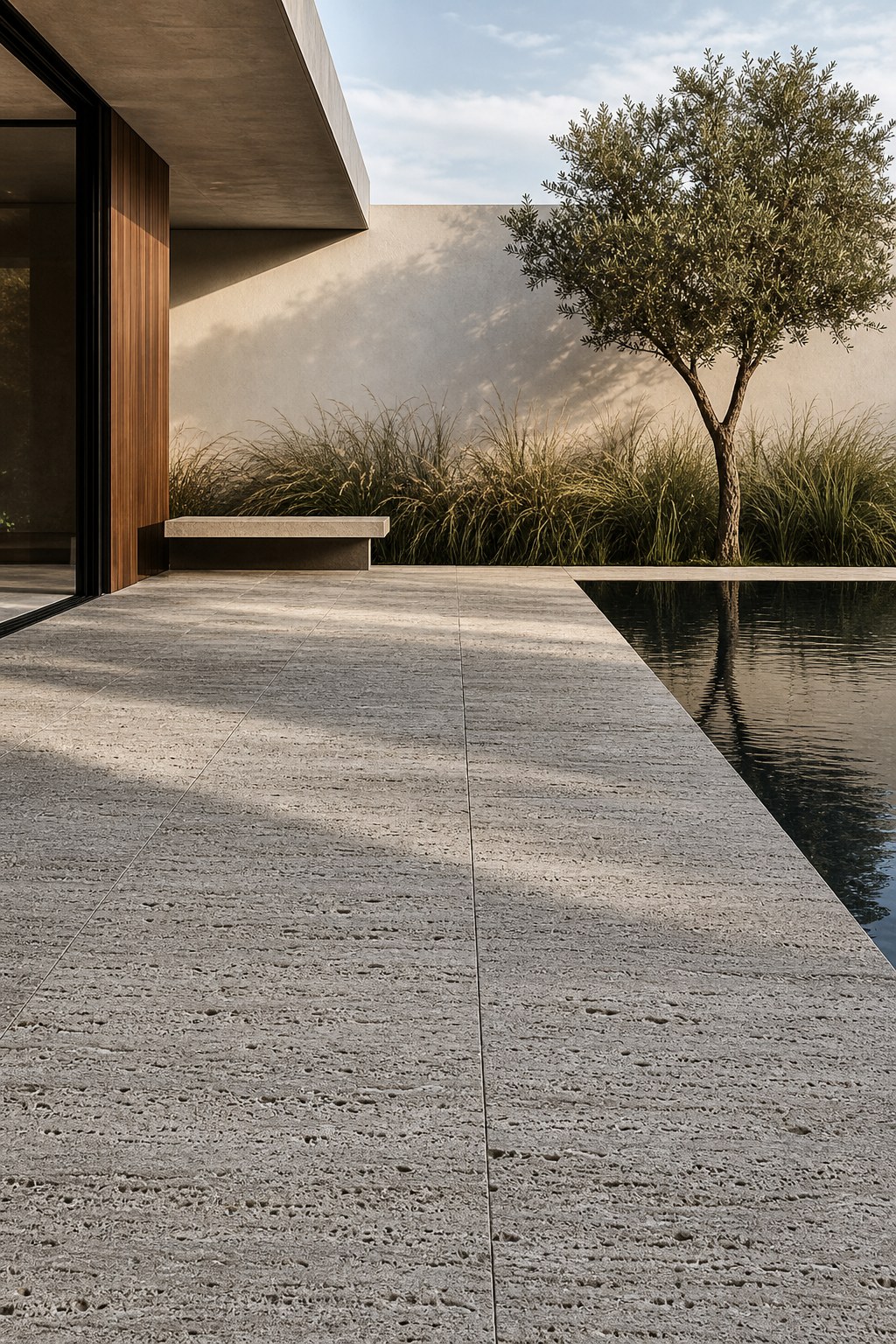 Travertino Silver Vulcano aplicado — Pisos e paredes de destaque, projetos contemporâneos