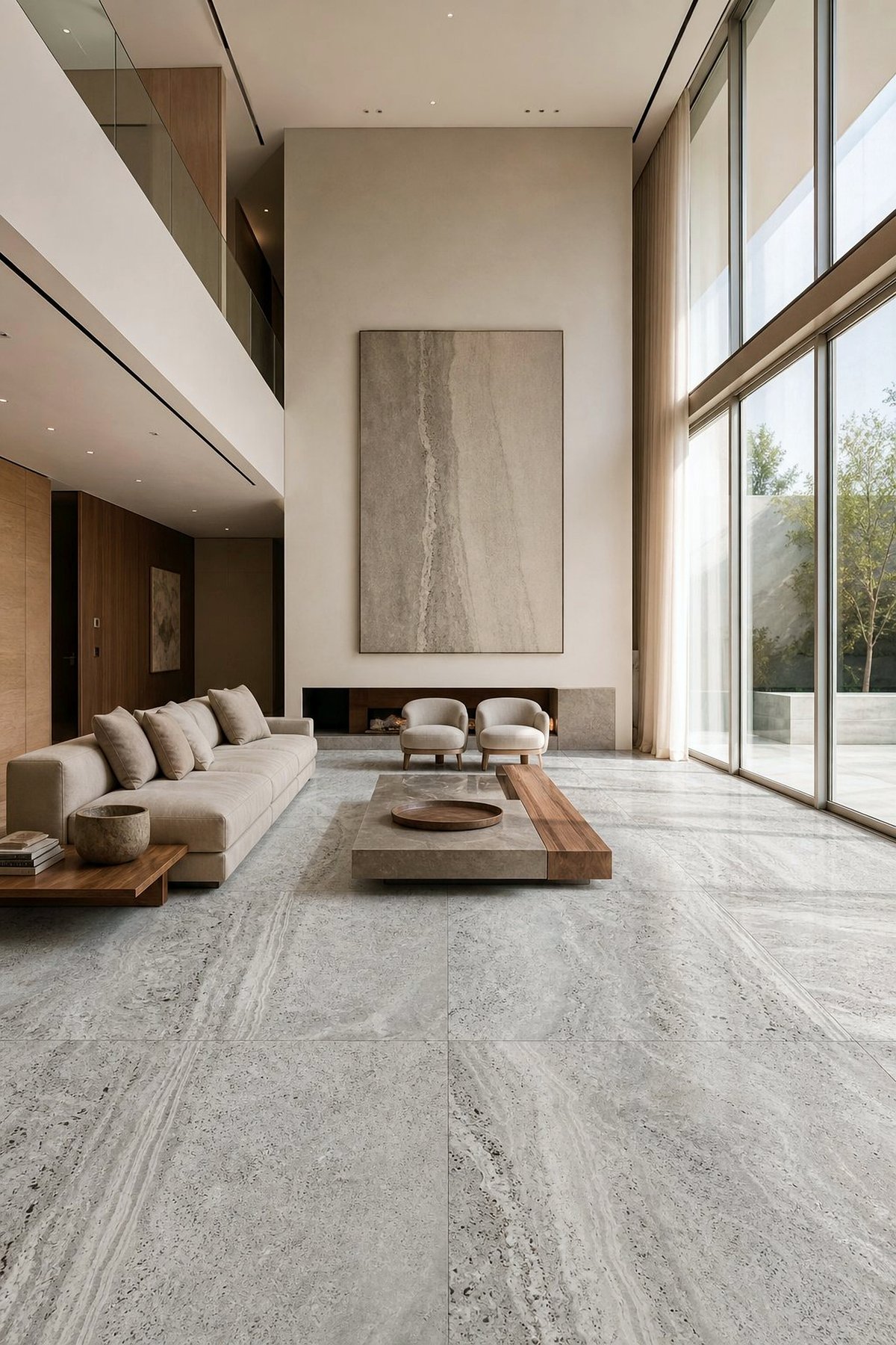 Piso de Travertino Silver Cross Cut em sala contemporânea