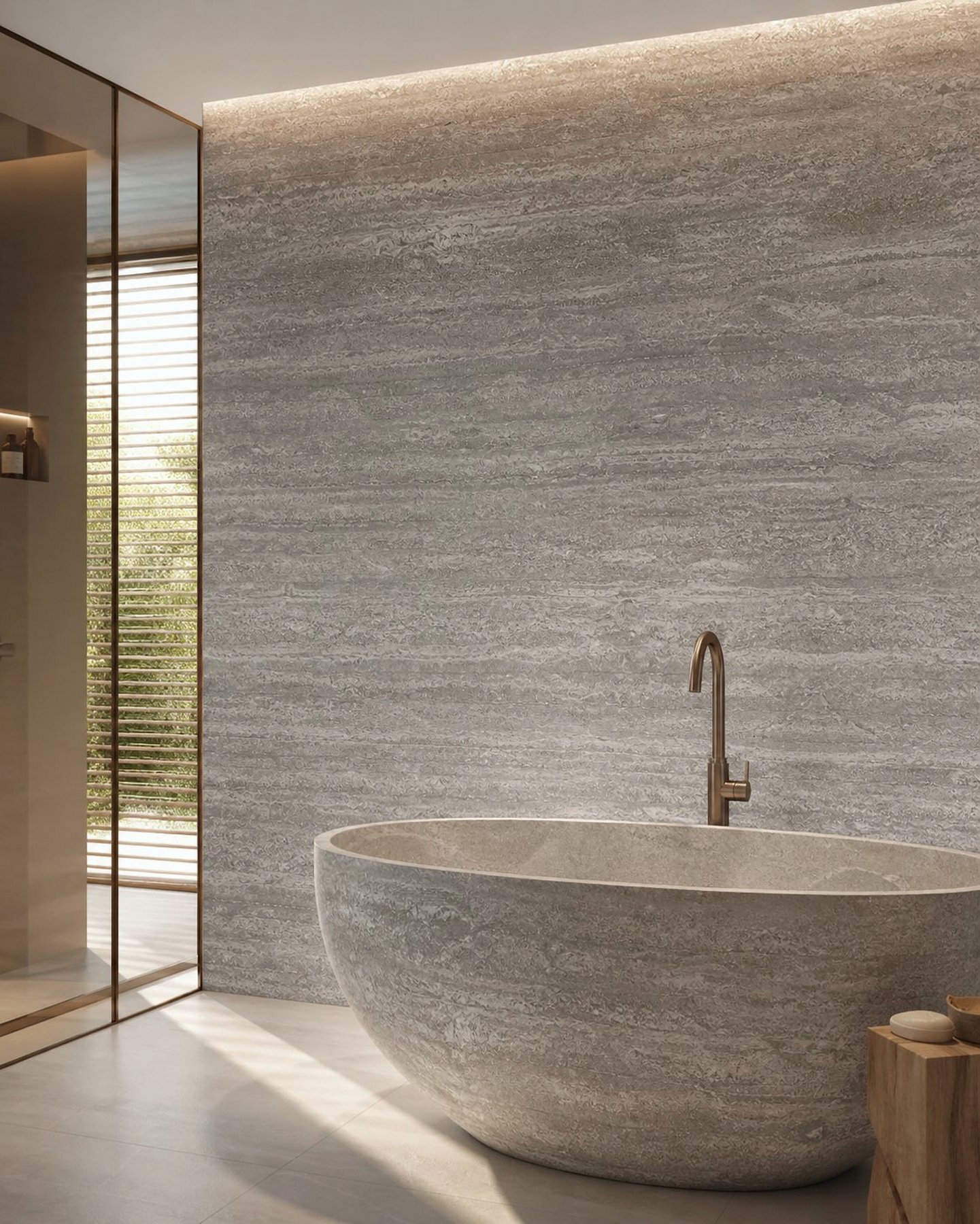 Travertino Silver Vein Cut em banheiro com banheira de pedra